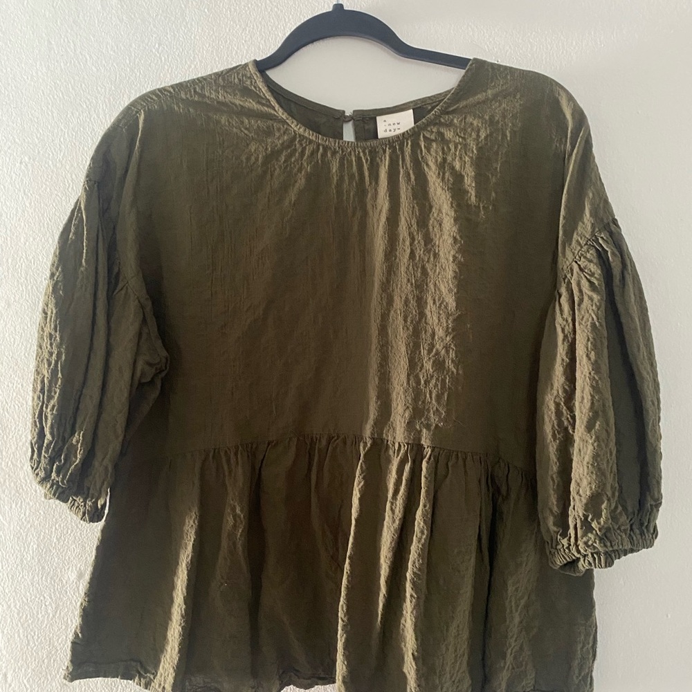 A New Day Green Blouse with 3/4 Sleeves and Relaxed Fit